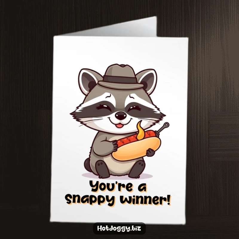 Funny Free Printable Congratulations Card: Clever raccoon with a fedora winks, presenting a miniature grilled hot dog.