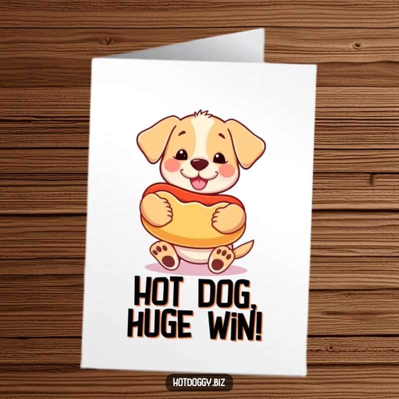 Funny Free Printable Congratulations Card: A happy puppy clutches a huge, stylized hot dog as if it were a prize possession.