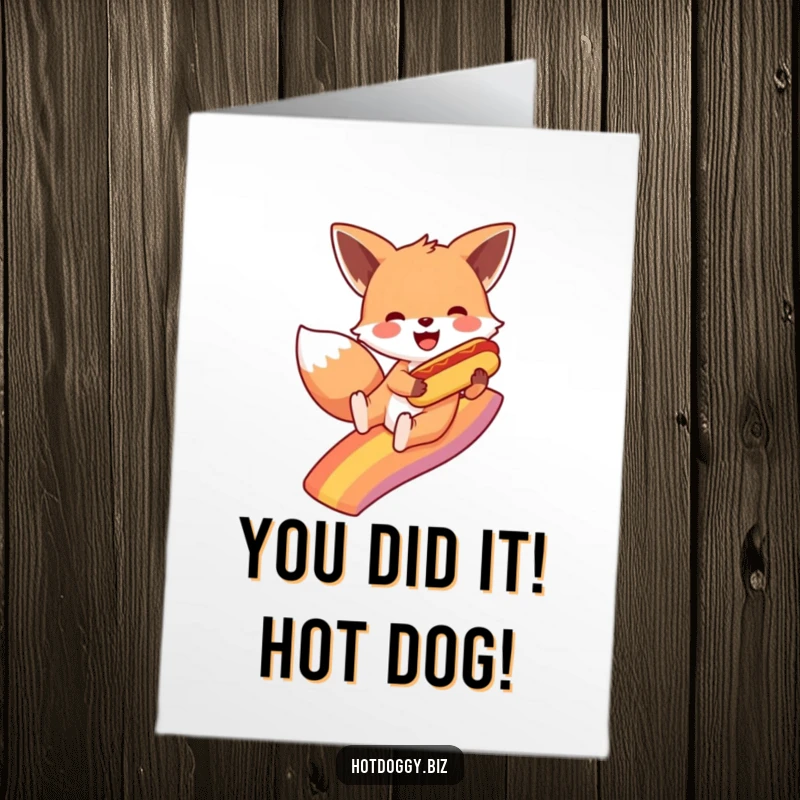 Funny Free Printable Congratulations Card: Excited fox joyfully sliding down a rainbow, holding a miniature hot dog.