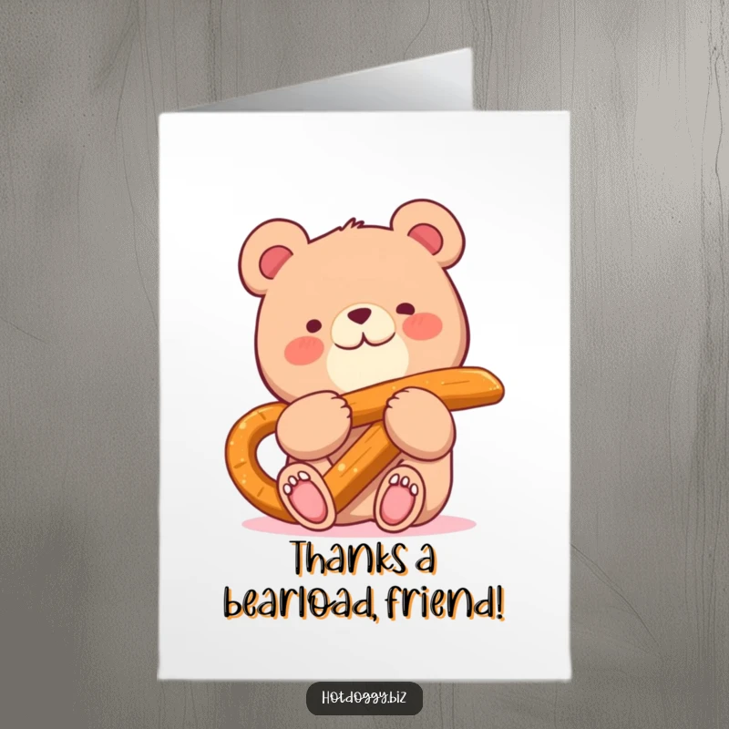 Funny Free Printable Thank You Card: A happy bear thoroughly enjoys eating an oversized pretzel stick.