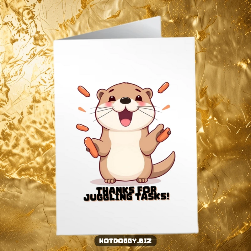 Funny Free Printable Thank You Card: Playful otter juggling mini hot dogs with its paws, a quirky and amusing way to say thank you.