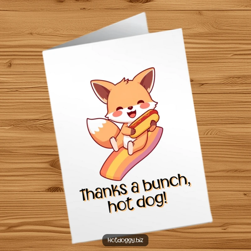 Funny Free Printable Thank You Card: Fox sliding down a rainbow, enthusiastically holding a miniature hot dog.