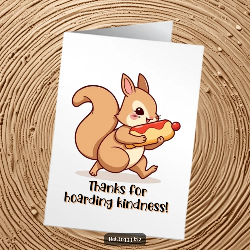 Funny Free Printable Thank You Card: A squirrel humorously carries a hot dog away under its fuzzy arm.