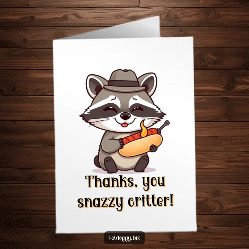 Funny Free Printable Thank You Card: Raccoon wearing a fedora winks while presenting a miniature grilled hot dog.
