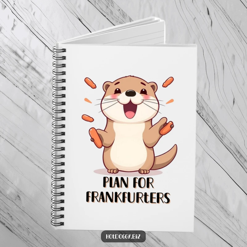 Funny otter notebook, featuring a playful otter with paws juggling mini hot dogs, great for journaling and notes.