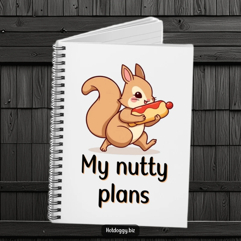 Funny notebook with a squirrel character scurrying with a hot dog, inspiring quick thinking and witty notes.