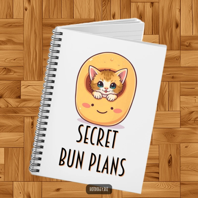 Funny curious kitten peeking out from a smiling hot dog bun on the cover of a notebook.
