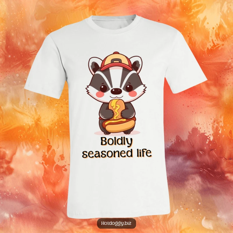 Funny badger wearing a cap confidently smears mustard on a miniature hot dog, showcasing a bold and humorous attitude on a t-shirt.