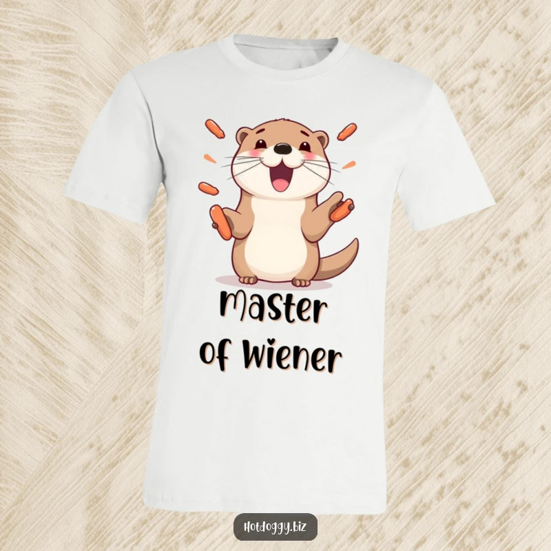 Funny otter t-shirt, showing a playful otter with skillful paws juggling several mini hot dogs, a comical and eye-catching design.
