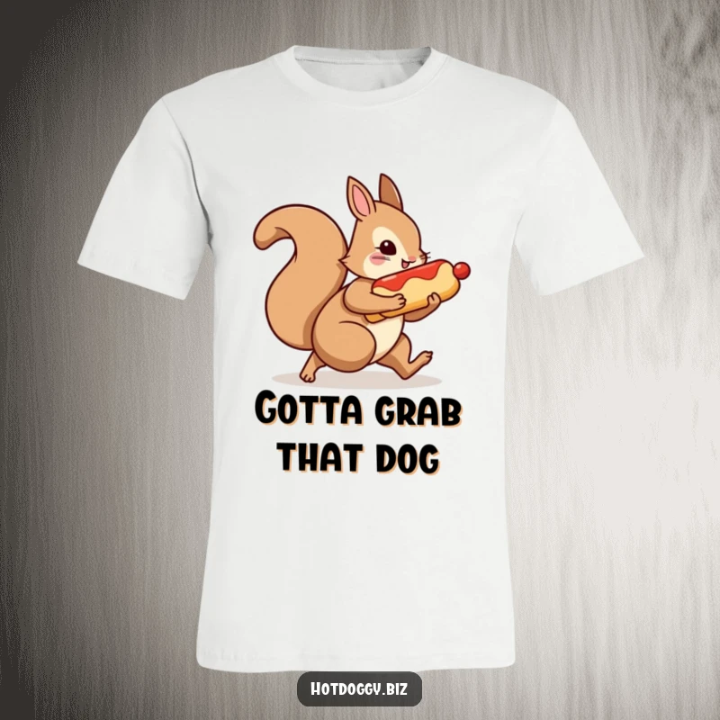 Funny t-shirt design of a squirrel hustling with a hot dog tucked under its arm, looking quite pleased.