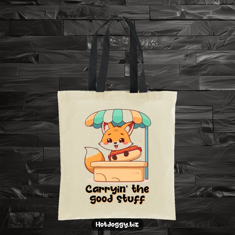 Funny tote bag with a cheerful fox character serving a gigantic hot dog, making shopping a humorous adventure.