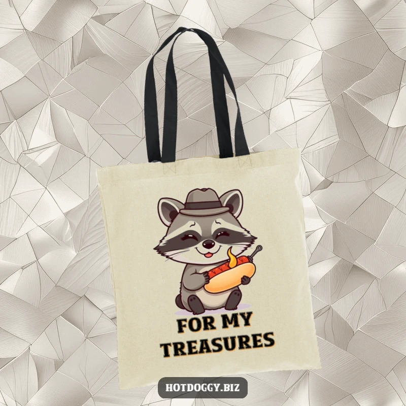 Funny raccoon wearing a tiny fedora winks while presenting a perfectly grilled miniature hot dog, making this tote bag a witty and stylish accessory.