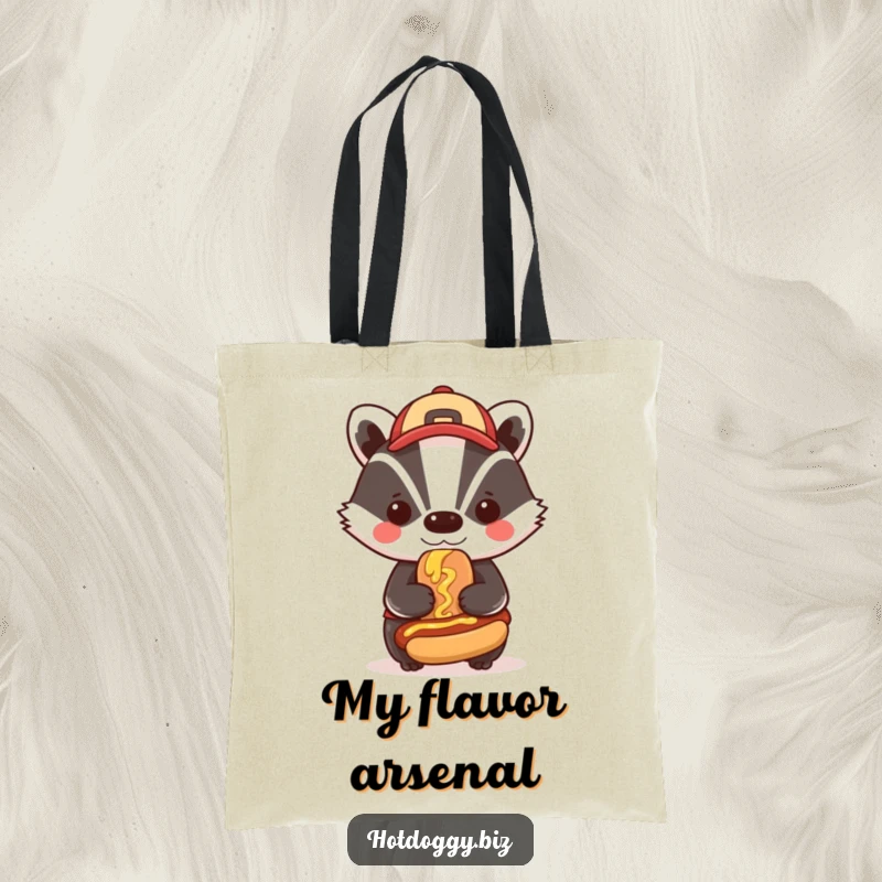 Funny badger wearing a cap proudly smudges mustard on a tiny hot dog, making this tote bag a bold and humorous accessory.