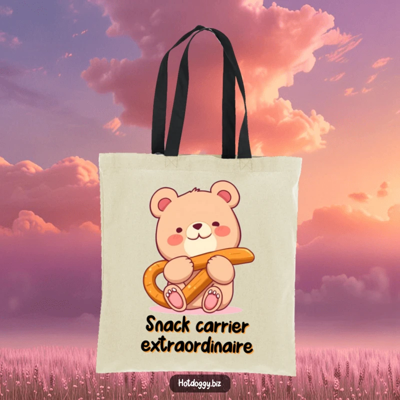 Funny tote bag with a happy small bear character enthusiastically eating a giant pretzel stick.